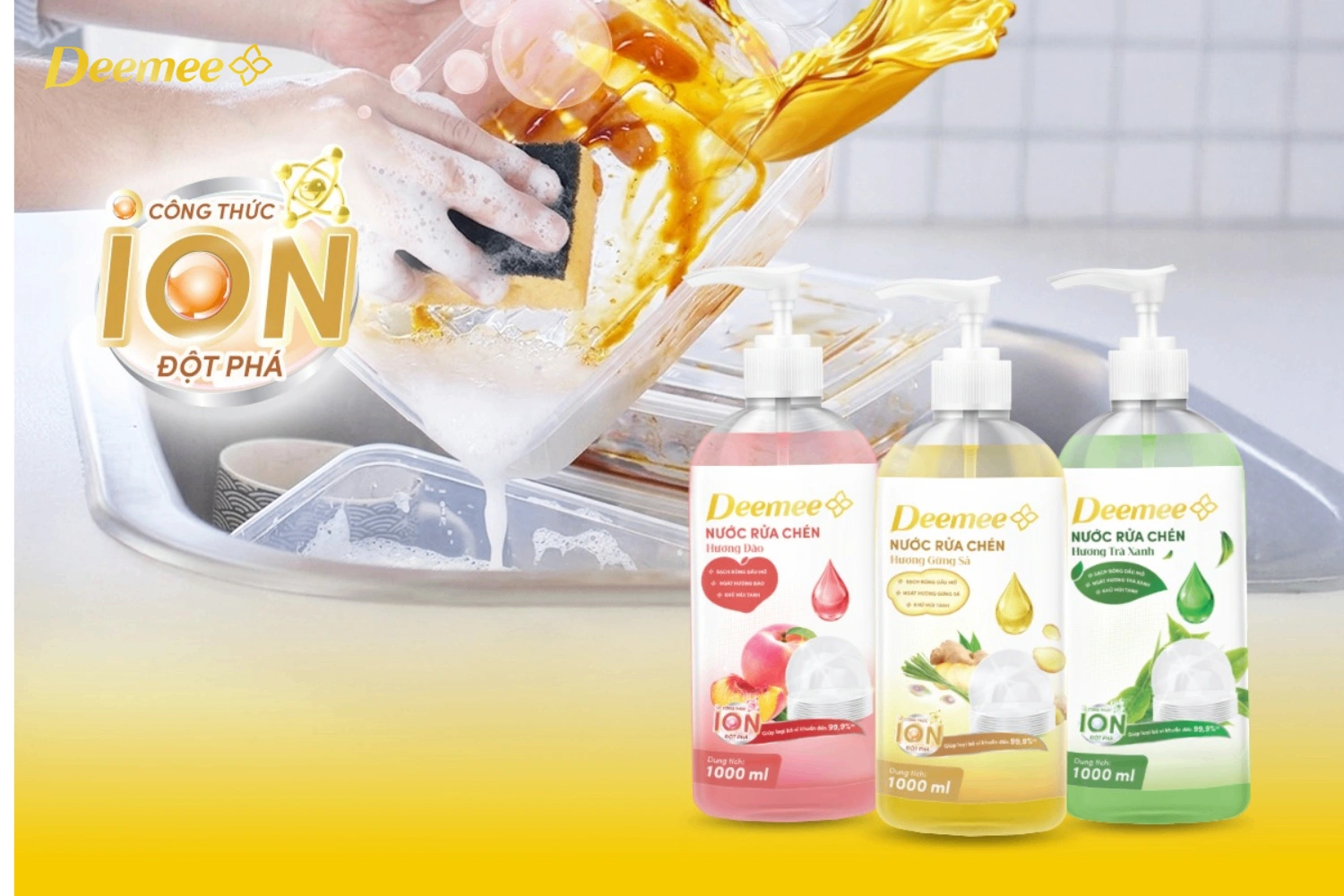 Các dòng nước rửa chén Deemee trà xanh, gừng sả, đào và tự nhiên dịu nhẹ